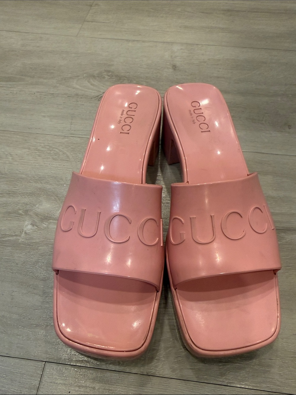 Gucci Pink Embossed Logo Slide Mules
